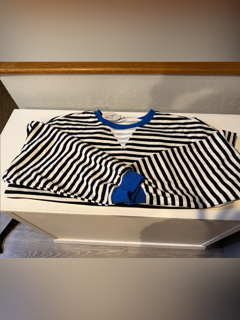 Women’s Black & White Striped Sweatshirt with Blue Trim